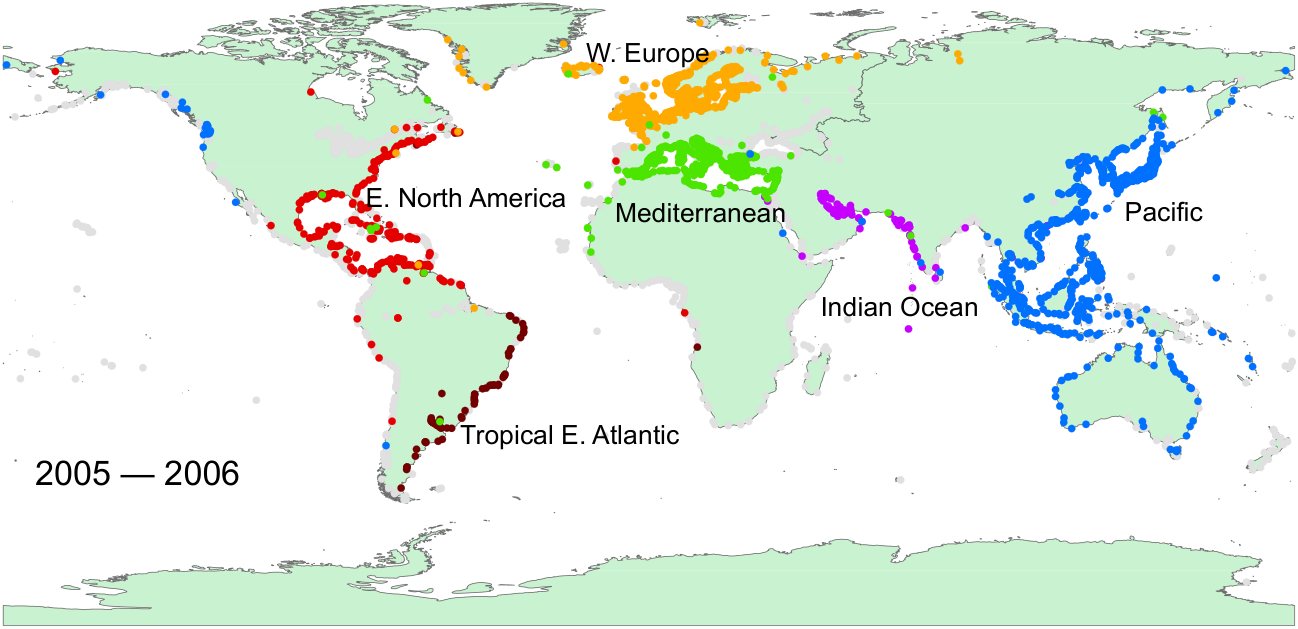 World map of ports colored by cluster: Pacific, Indian Ocean, Mediterranean, Western Europe, Eastern North America and a South American and tropical Atlantic group.