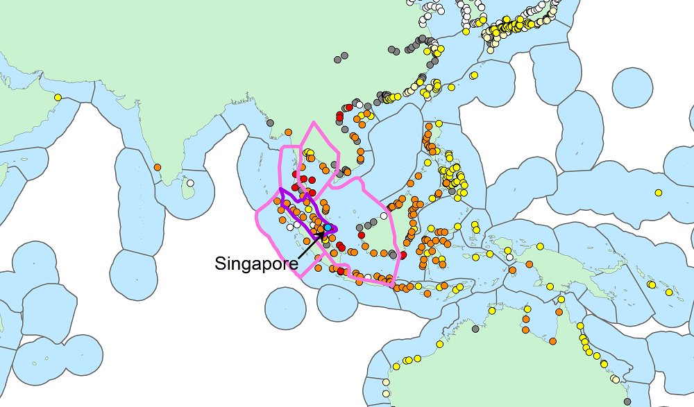 Map of Southeast Asian ports colored by invasion risk relative to Singapore.