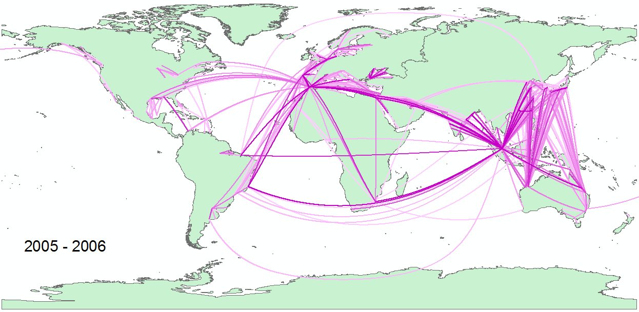 World map of estimated species flow between ports from vessel movements in 2005 and 2006, the heaviest flows drawn in magenta.